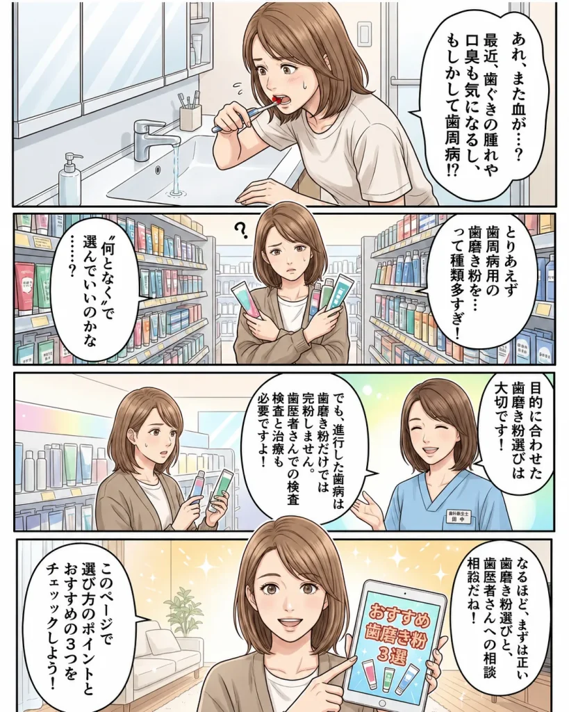 歯周病用の歯磨き粉の選び方とポイントとおすすめの３つを解説した漫画画像